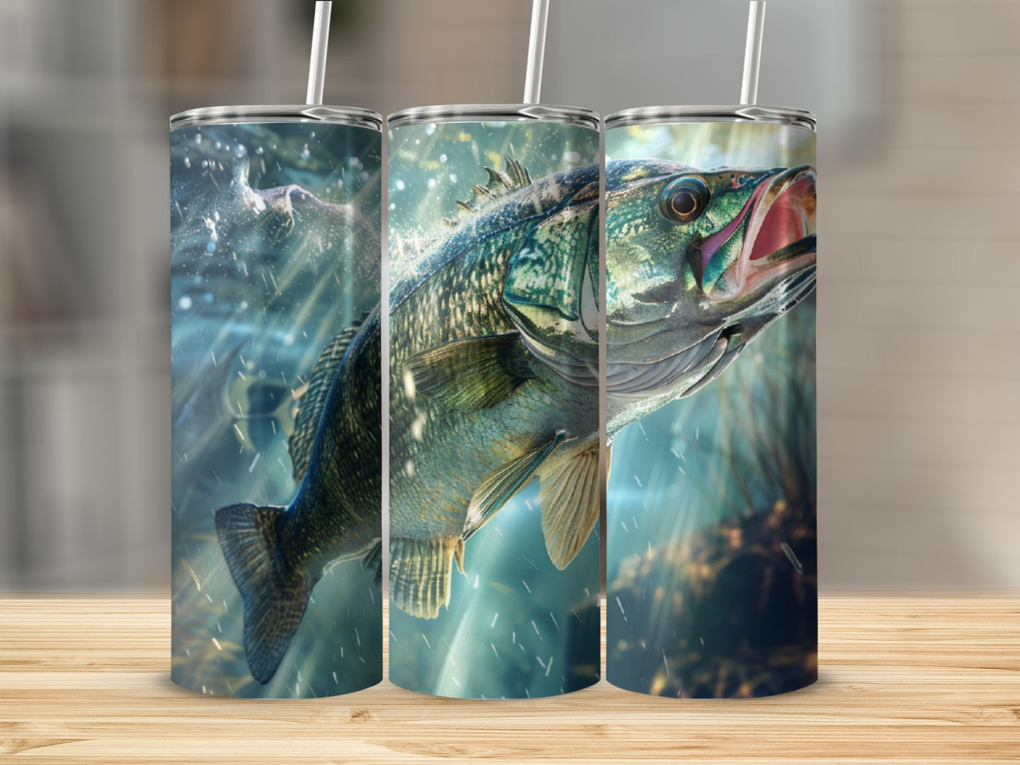 Triptych of a large bass jumping out of water with bubbles and light rays.