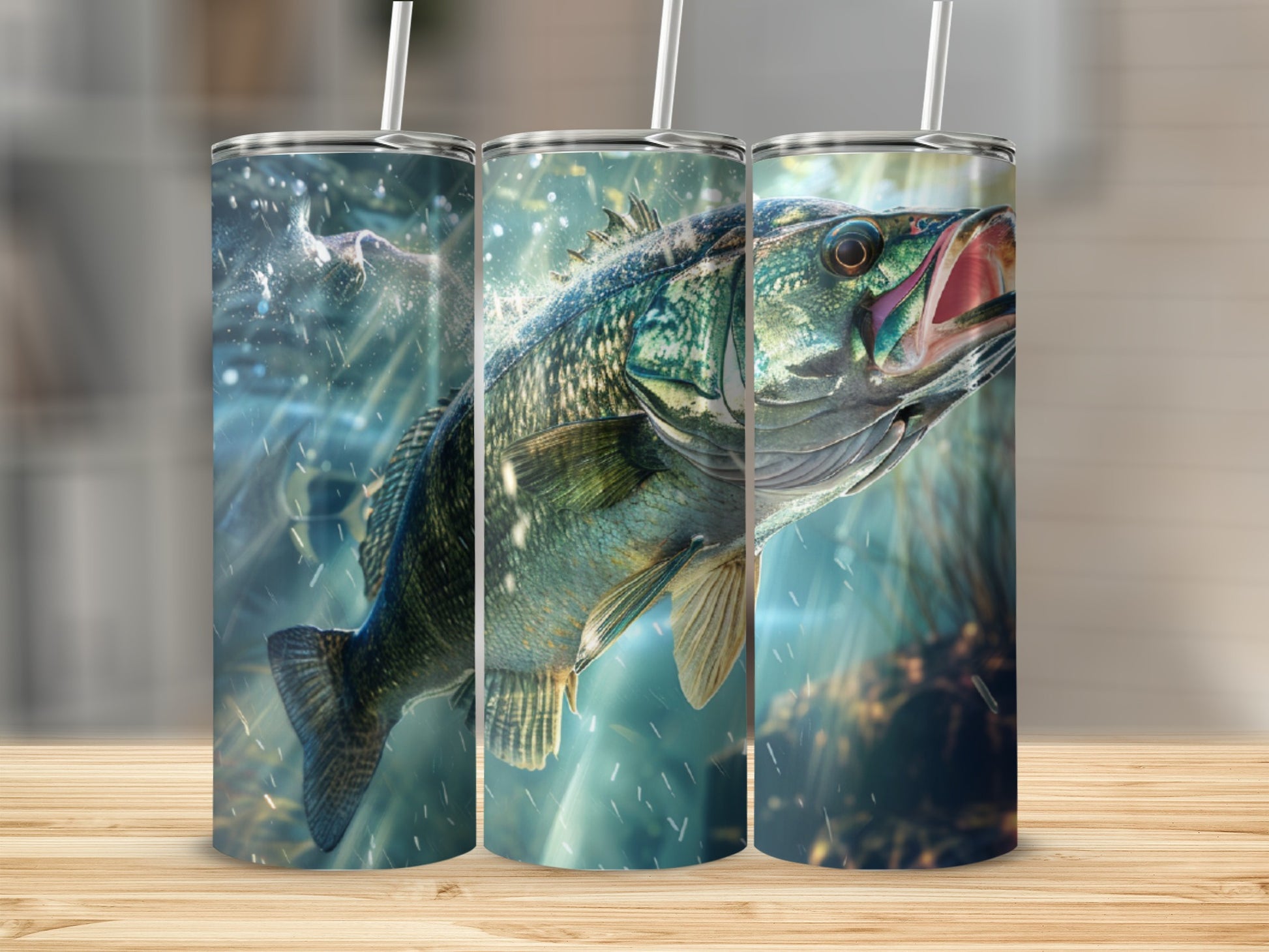 Triptych of a large bass jumping out of water with bubbles and light rays.