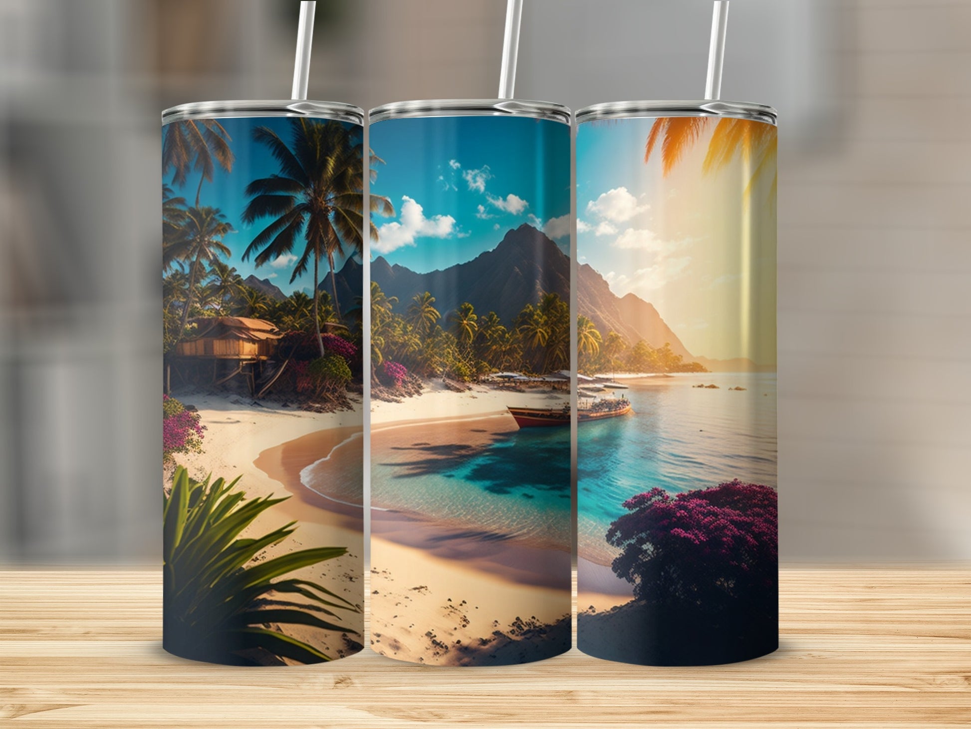 Tropical Island Beach Scene Insulated Tumbler Flask