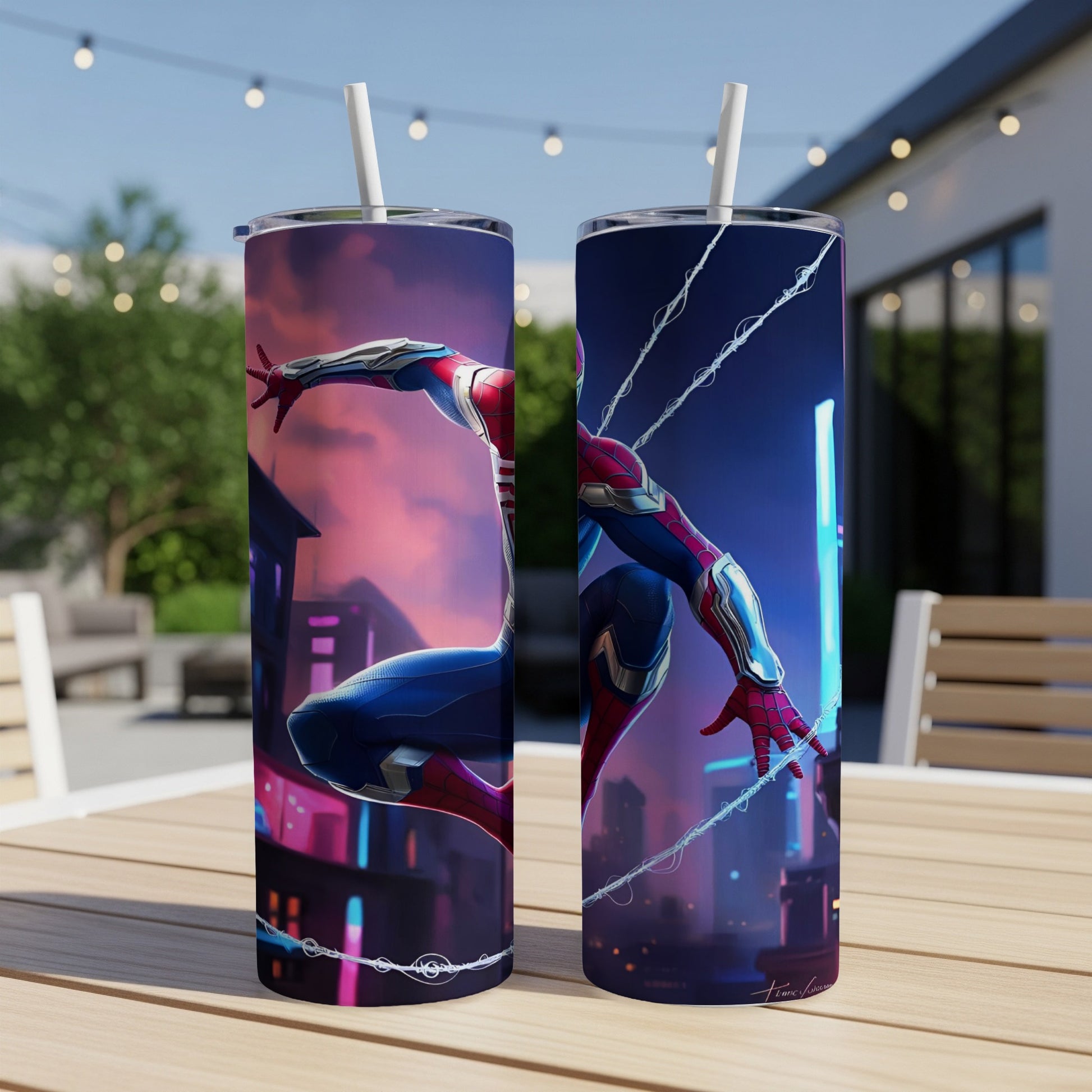 Spider-Man swinging through a neon city, on a double-walled tumbler.
