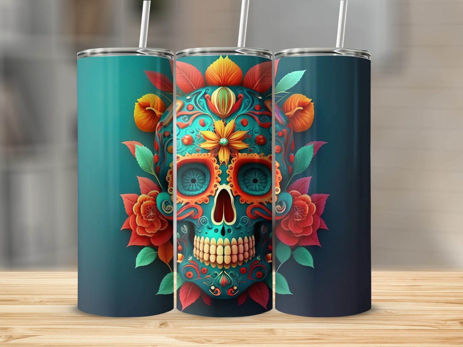 Colorful Floral Skull Design Insulated Tumbler
