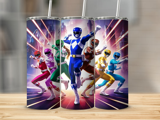 Three Power Rangers in colorful suits pose dynamically against a blurred city background.