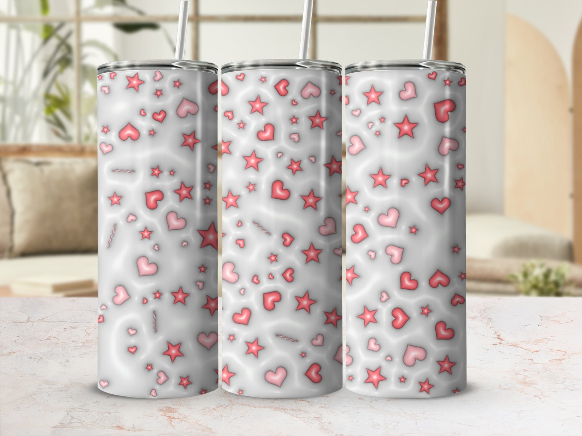 Heart and Star Pattern Tumbler with Lid