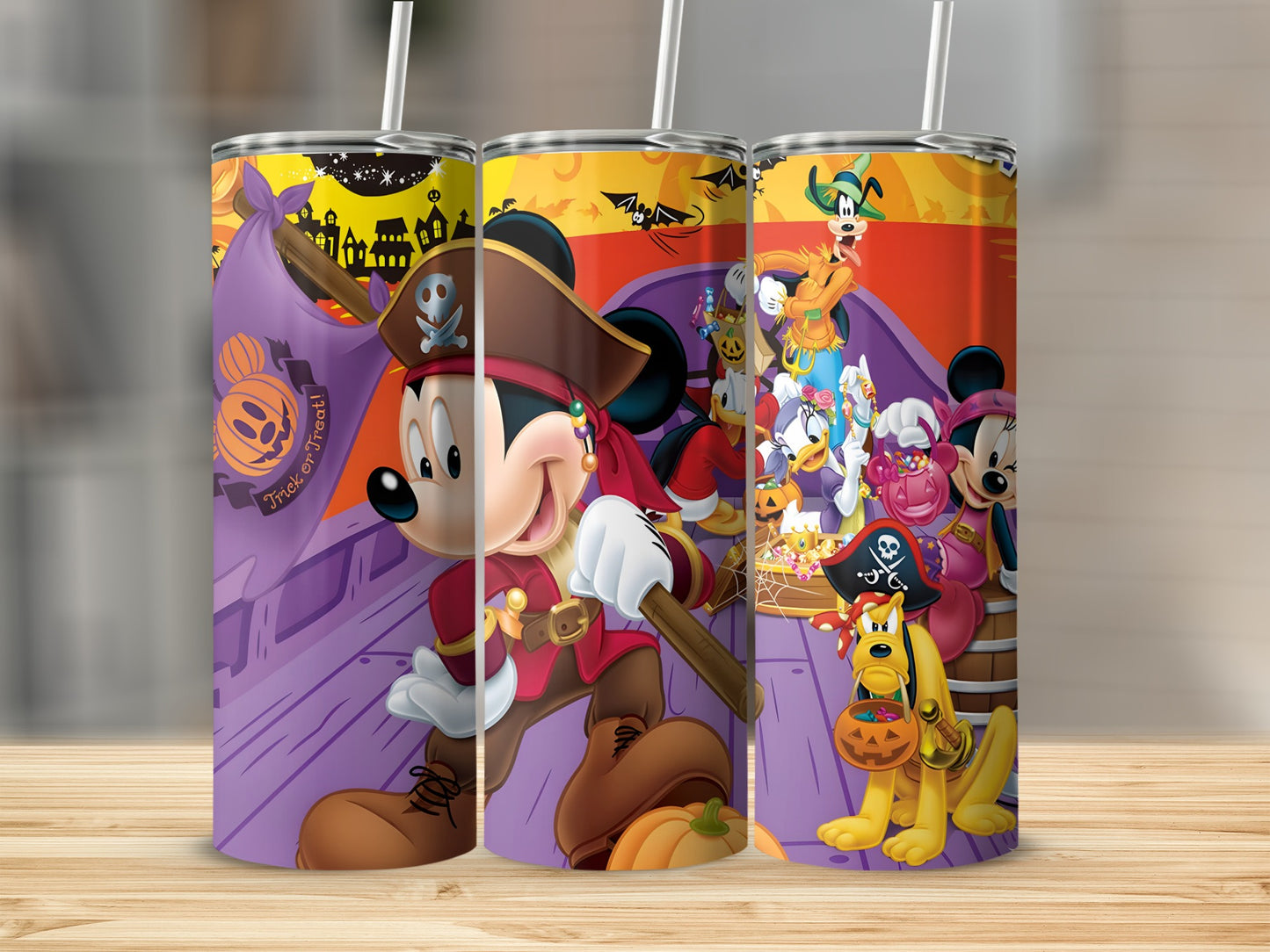 Halloween themed tumbler with Mickey Mouse and friends in pirate costumes.