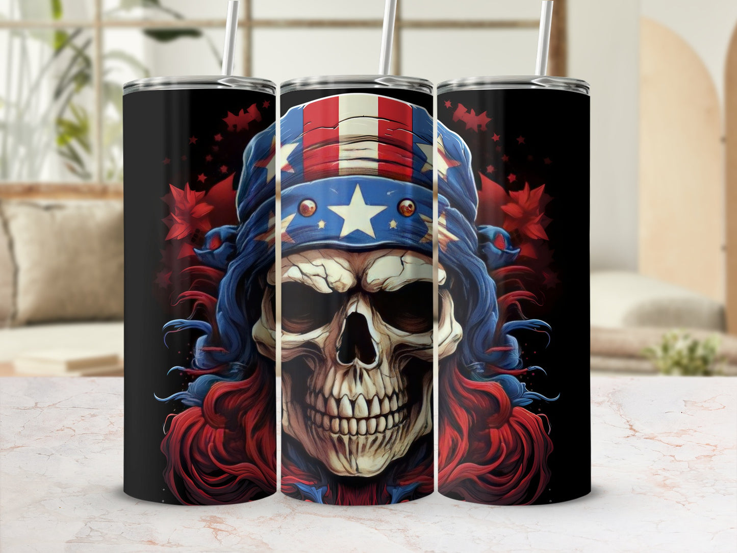 Patriotic skull tumbler with red, white, and blue hair and stars.