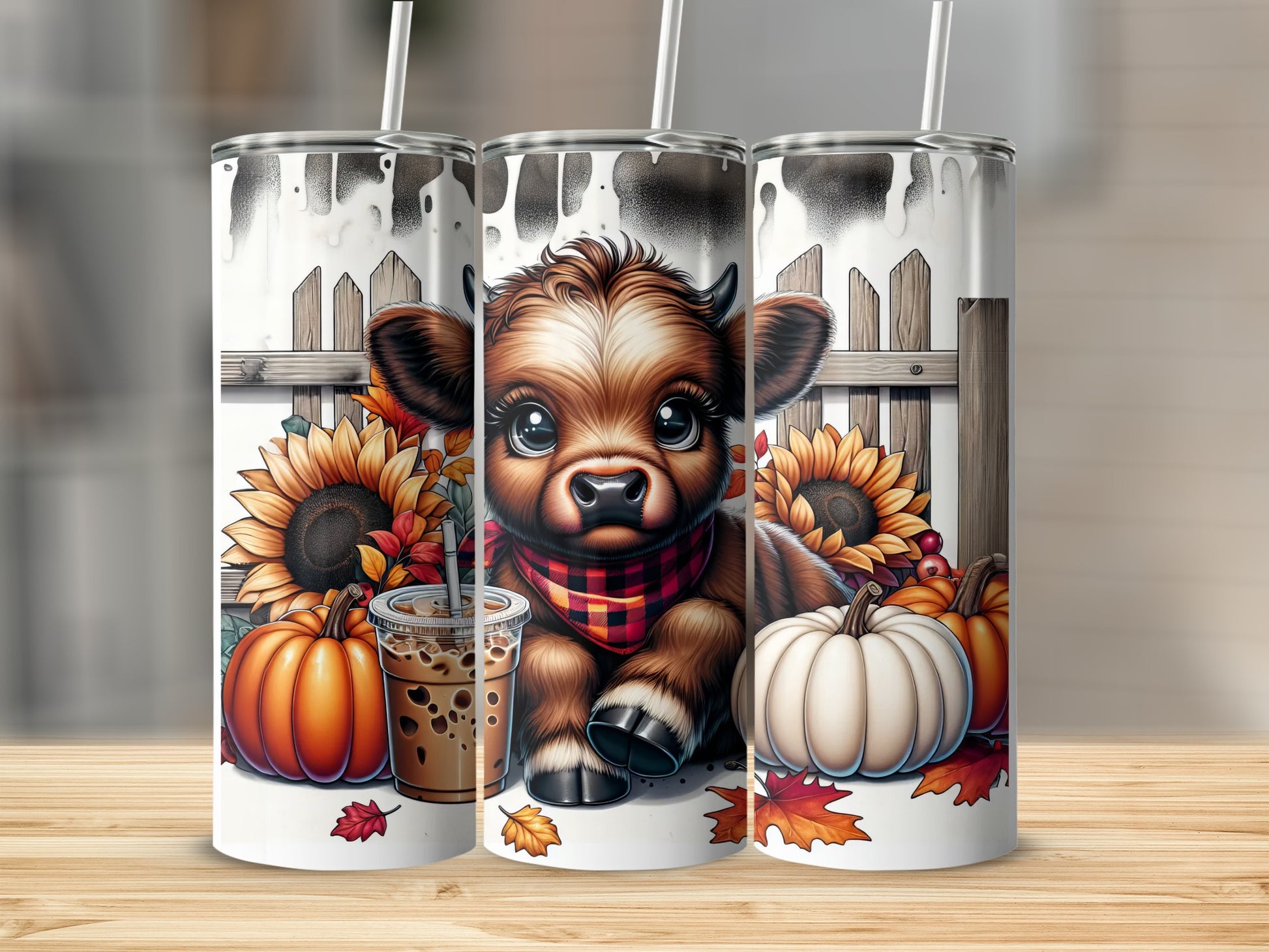 Baby cow with pumpkins and sunflowers wearing a bandana, on a tumbler.