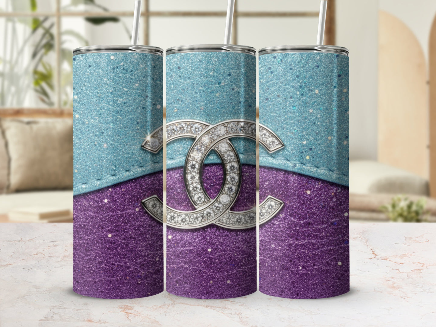 Sparkly Blue and Purple Tumbler with Glitter Decor