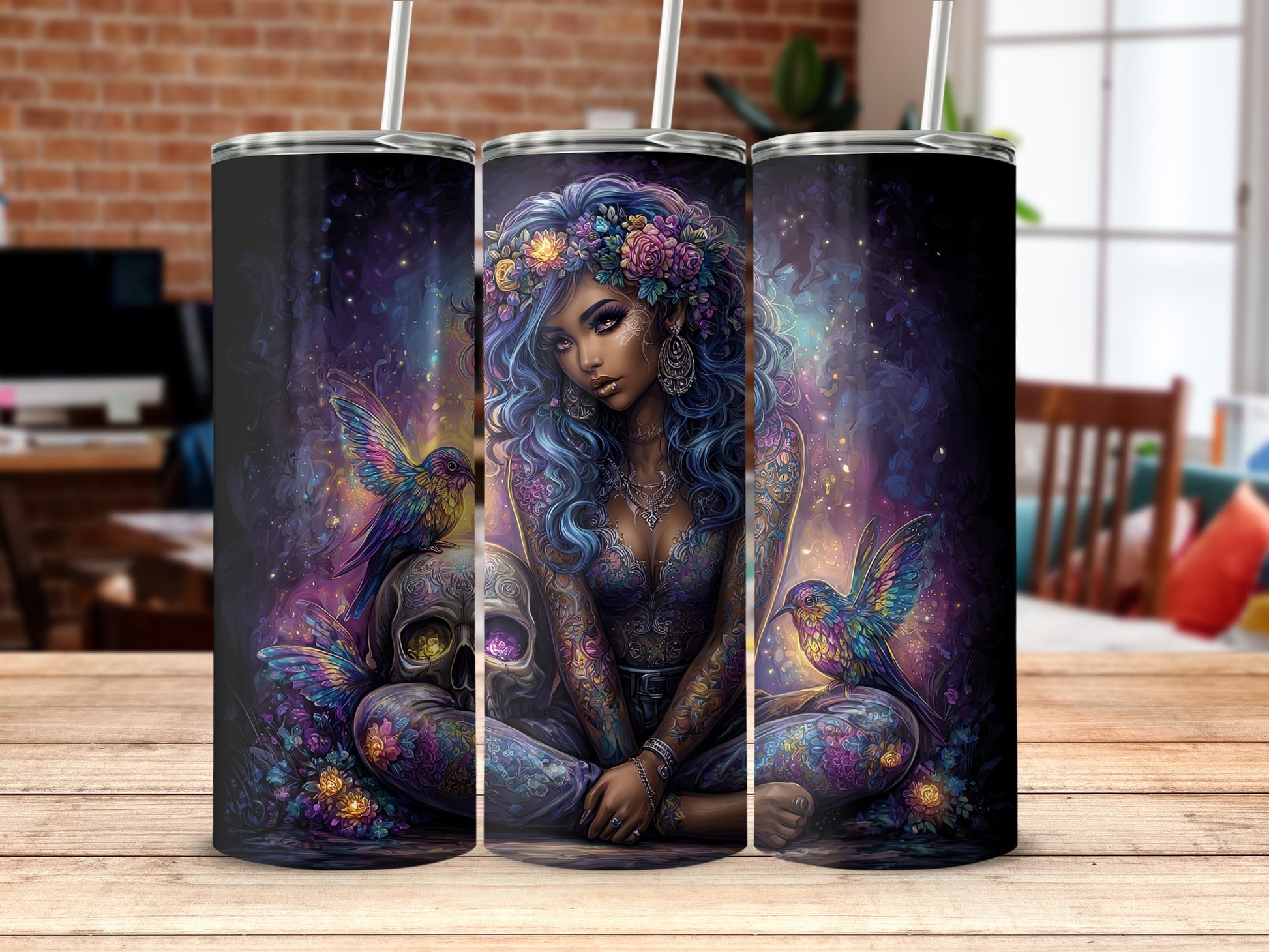Ethereal Gothic Girl with Floral and Hummingbird Tumbler