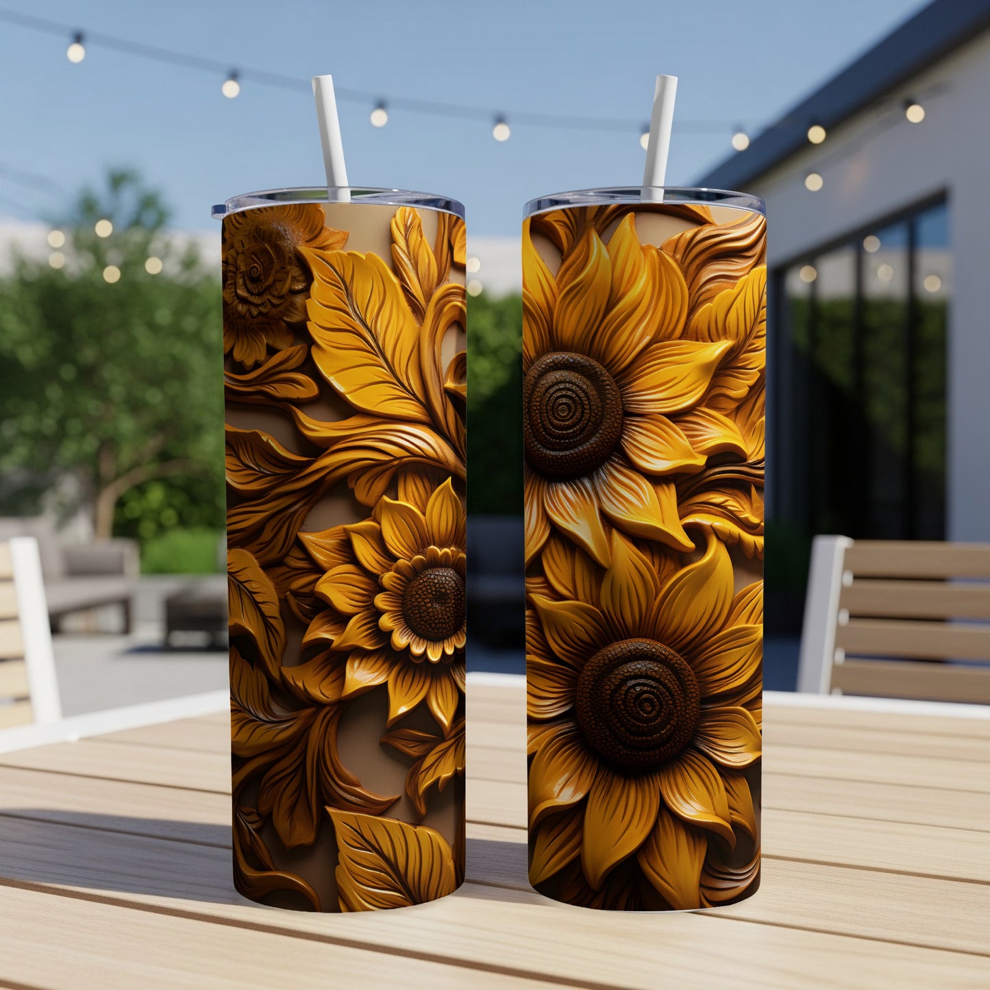 Two tall tumblers with embossed sunflower designs sit on a wooden table.
