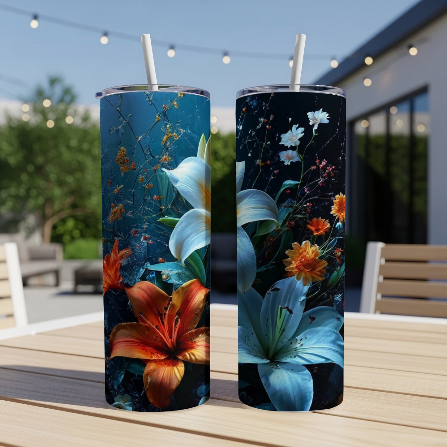 Two tumblers featuring vibrant floral designs of lilies and other flowers.