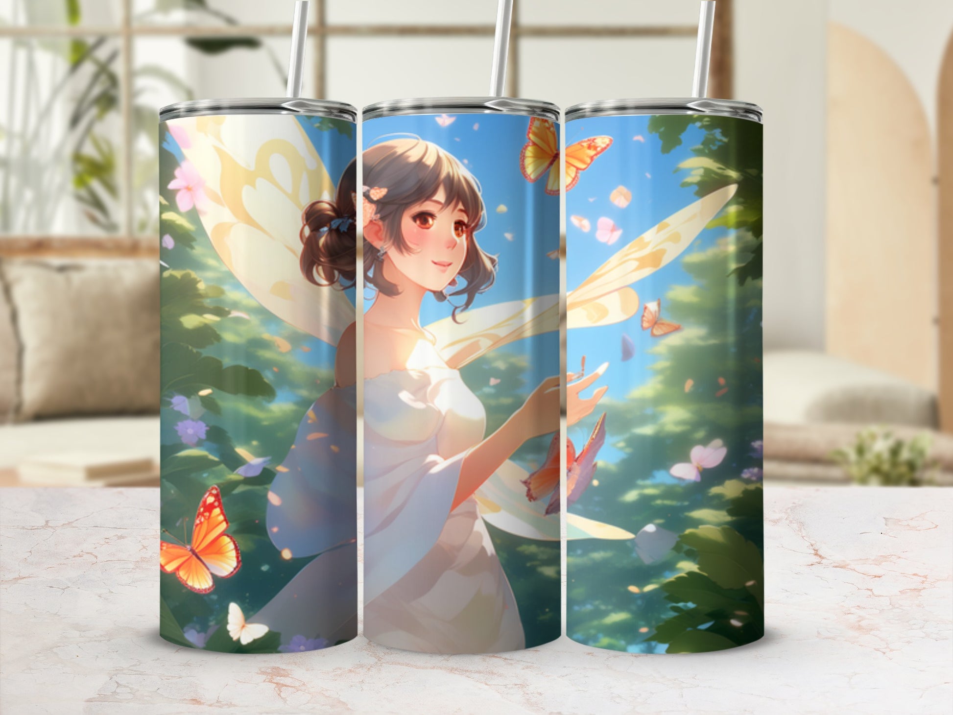 Fairy with butterflies and flowers on a tumbler.