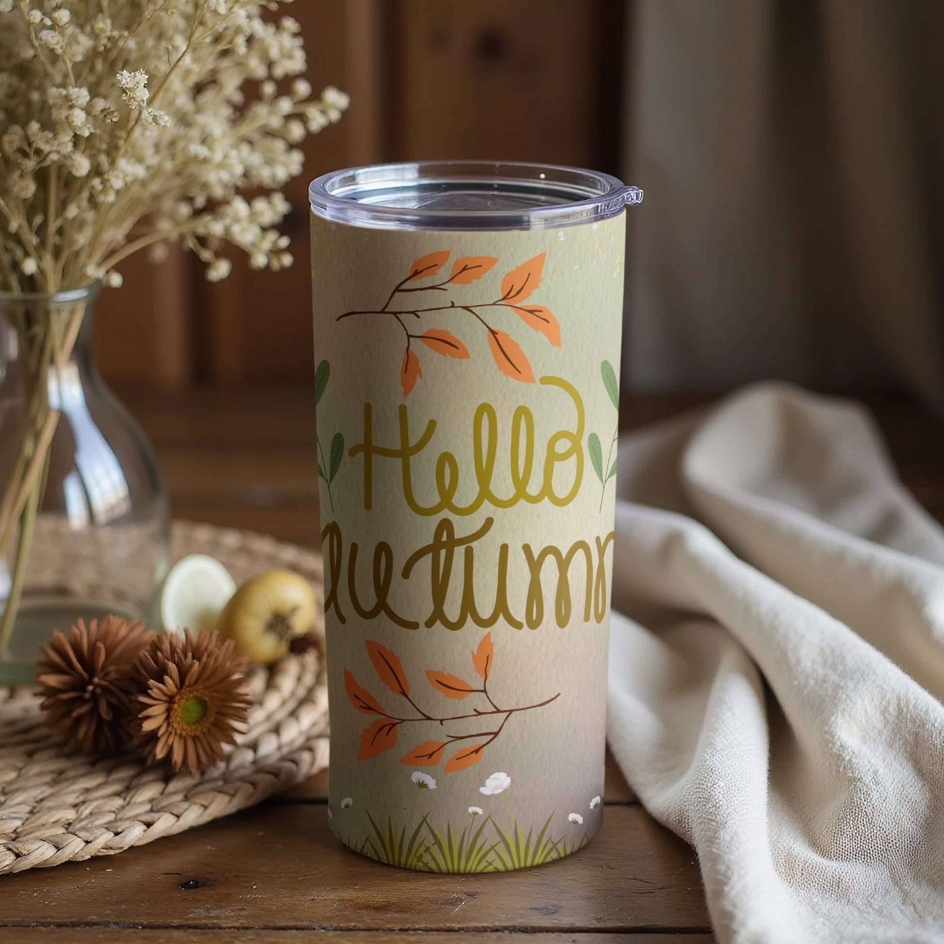 Hello Autumn Tumbler with Fall Leaves Design
