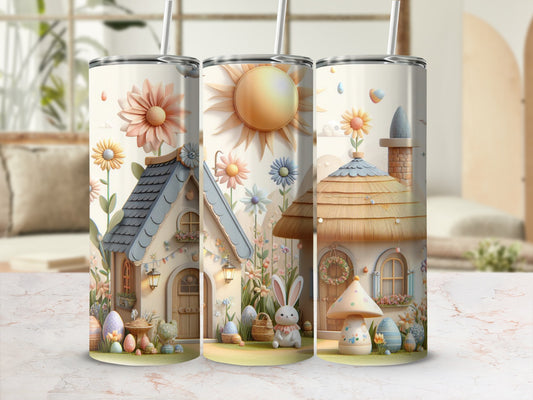Whimsical Easter village with cottages, sun, flowers, and bunnies on a tumbler.