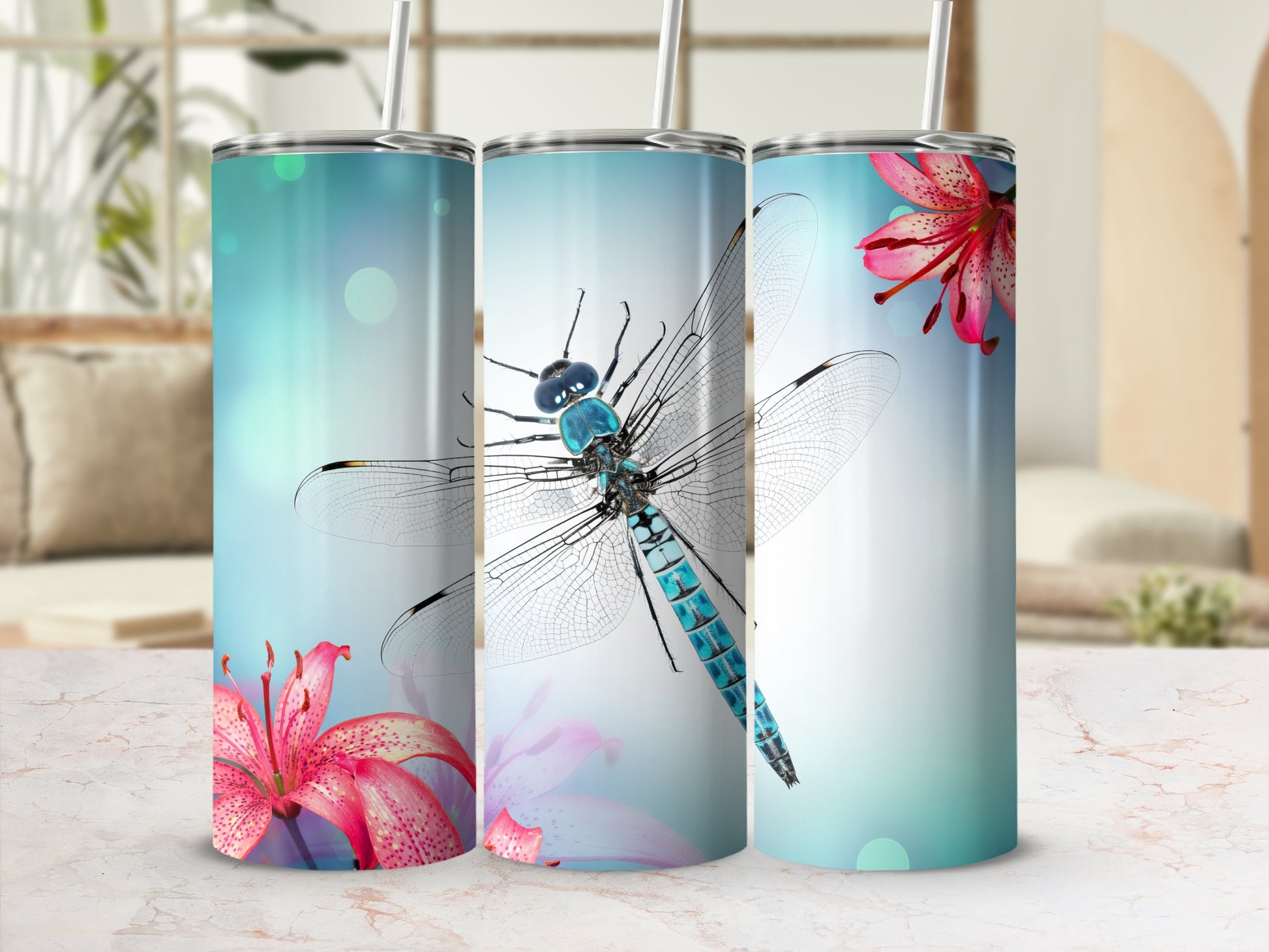 Dragonfly and Pink Flowers Design Tumbler Cup