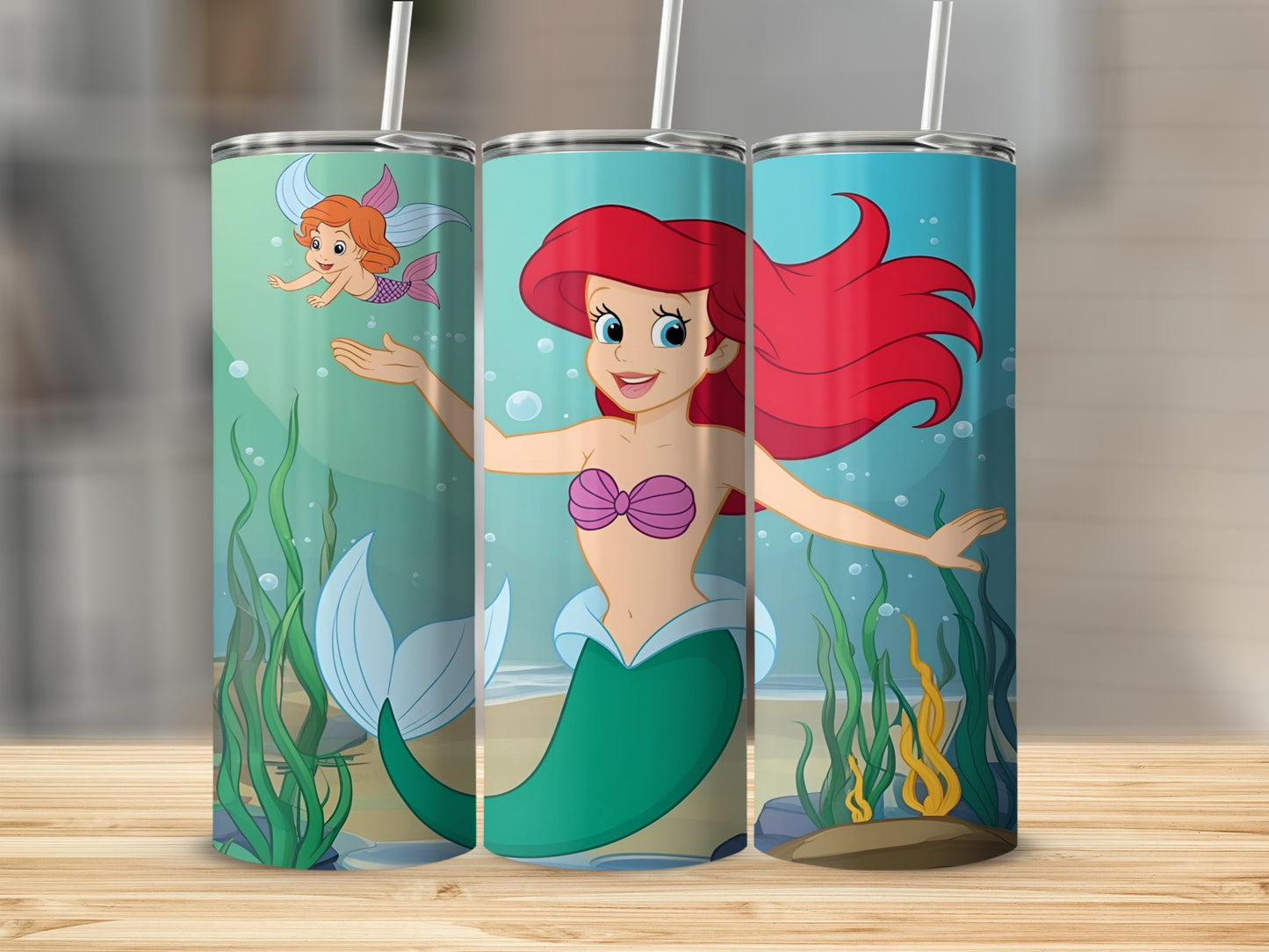 Ariel the Little Mermaid and Flounder swim among seaweed.