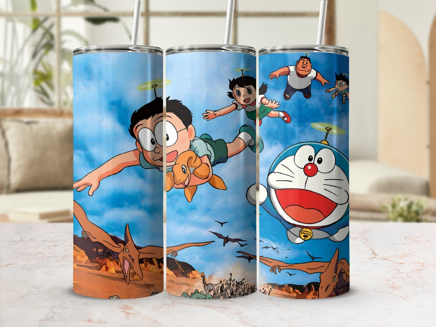 Flying Cartoon Characters Themed Tumbler with Straw