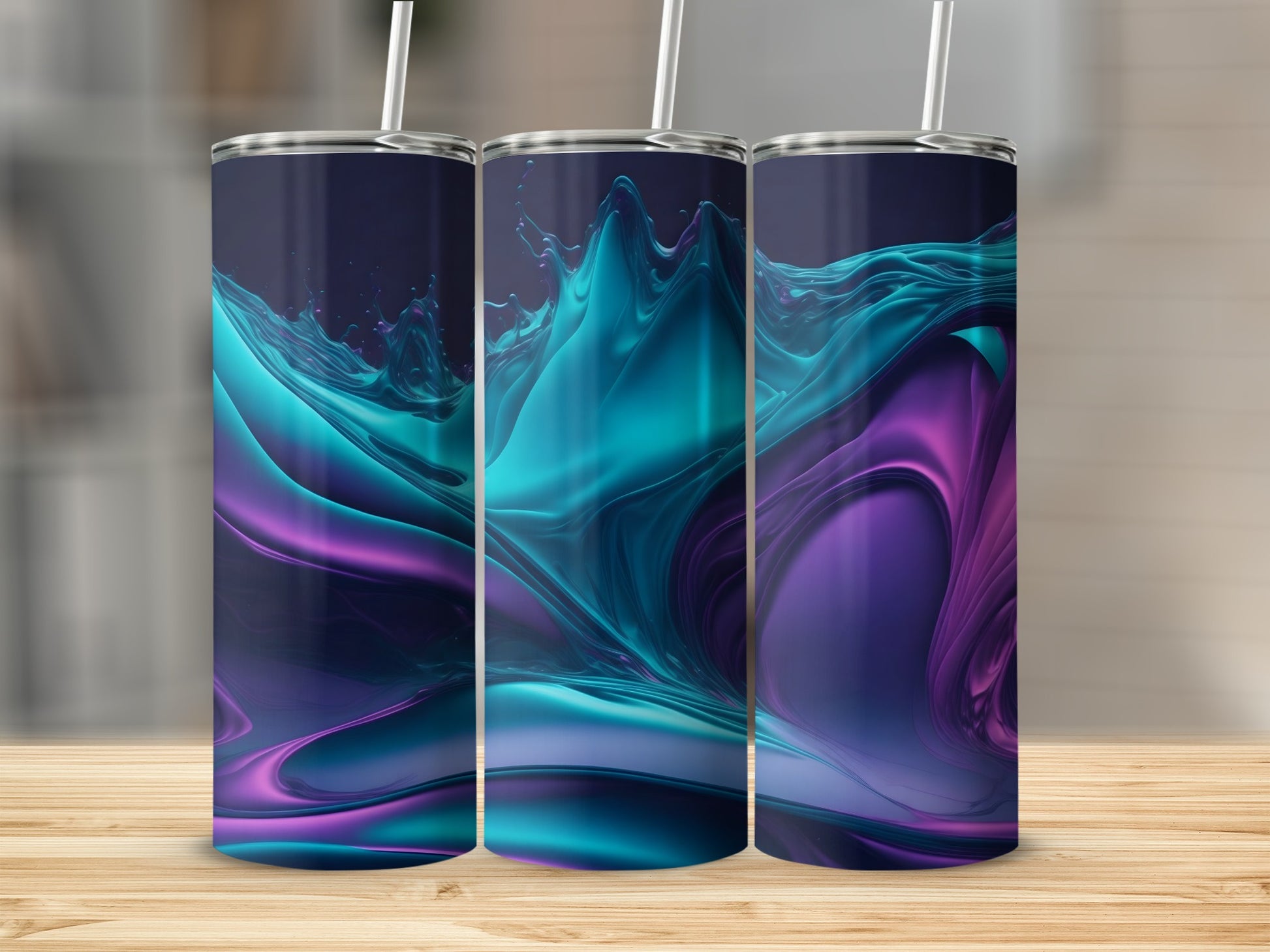 Three tumblers with swirling blue and purple abstract art.