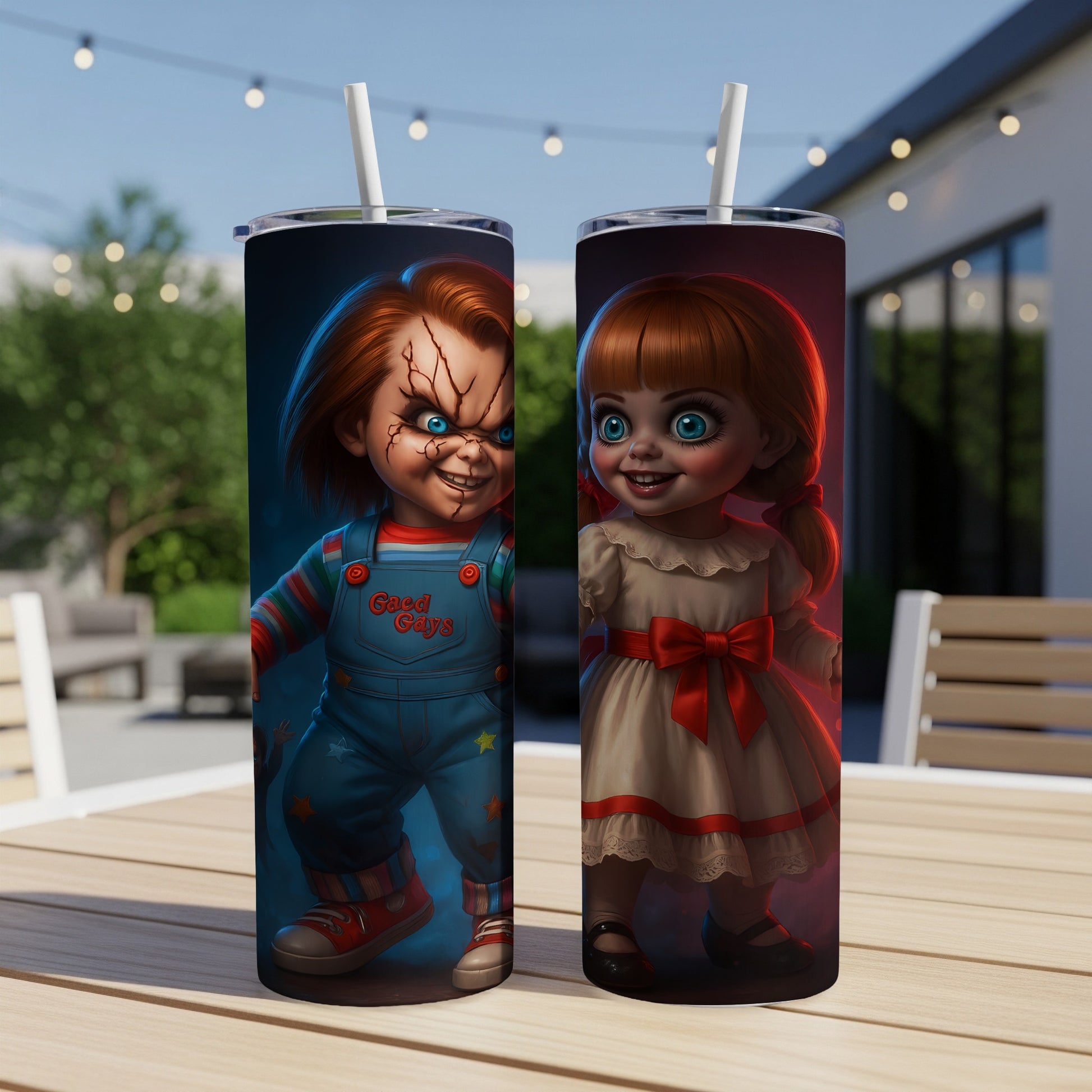 Two tumblers featuring Chucky and Annabelle dolls on a wooden table.