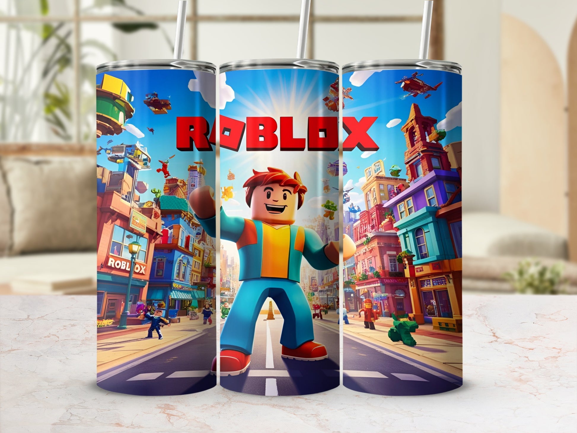 Roblox character and cityscape design on a tumbler with straw.