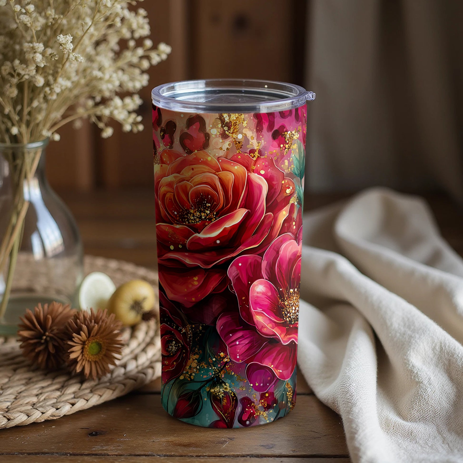 Vibrantly Colorful Floral Design Hot or Cold Drink Tumbler