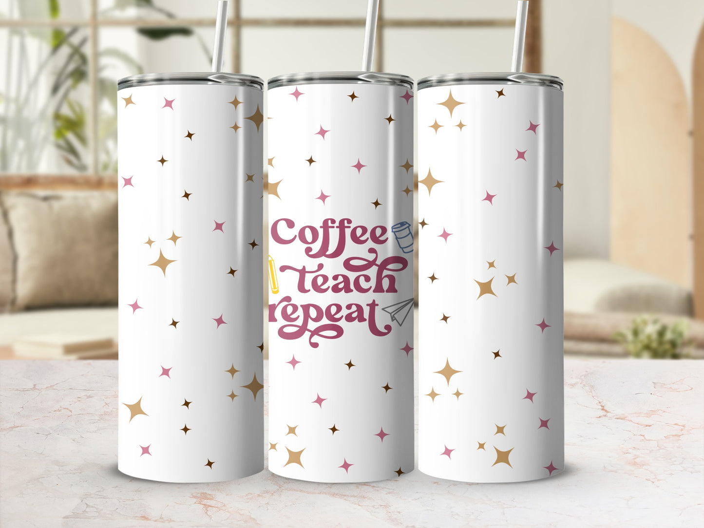 Three white tumblers with "Coffee Teach Repeat" text and star pattern.
