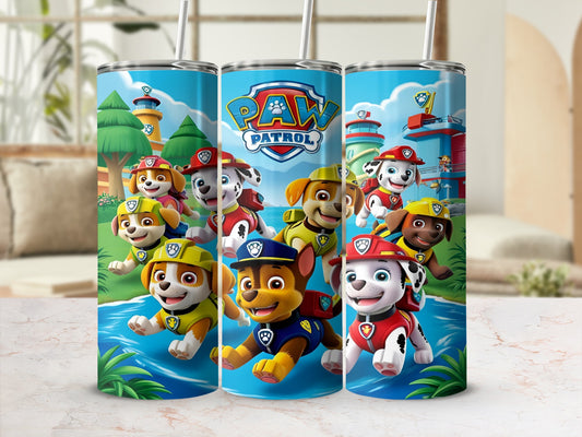 Paw Patrol characters on a blue background with water and foliage.