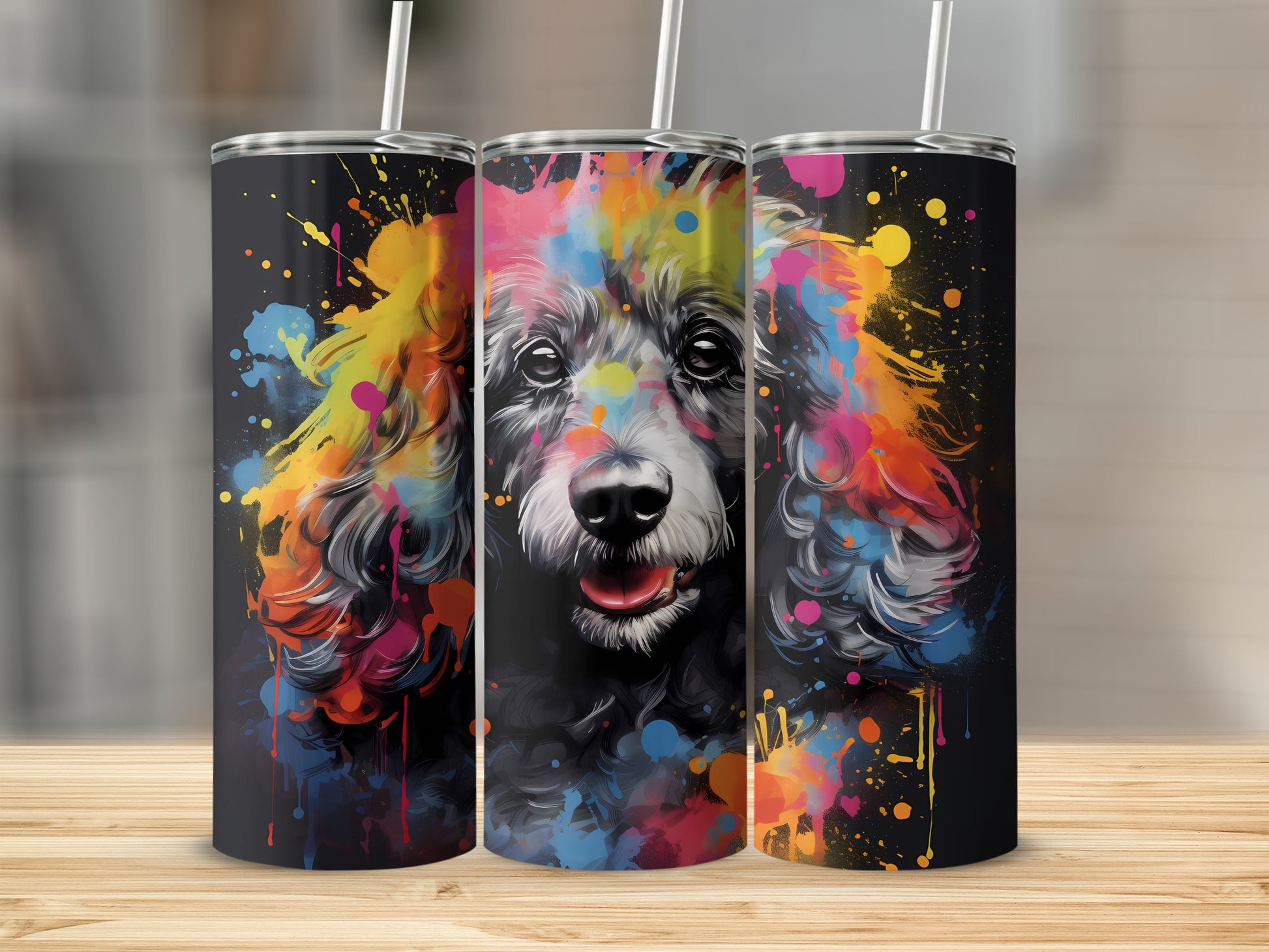 Three tumblers featuring a black poodle with colorful paint splatters.