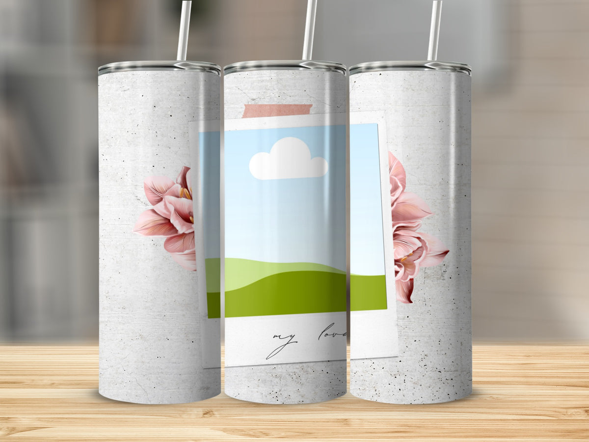 Three tumblers with concrete texture, floral accents, and a polaroid frame.