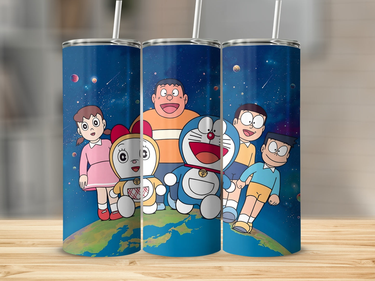 Cartoon Characters on Space Background Tumbler Product