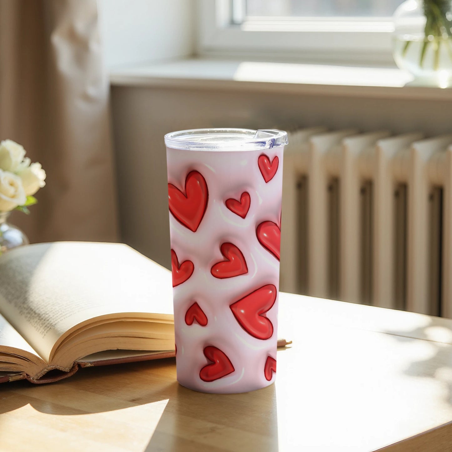 Cute Pink Tumbler with Red Hearts Pattern