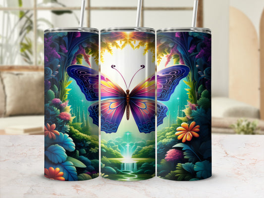 Tapered tumbler with a vibrant butterfly over a magical forest waterfall scene.