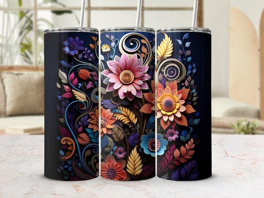 Three tumblers with a vibrant floral design featuring colorful flowers and leaves.