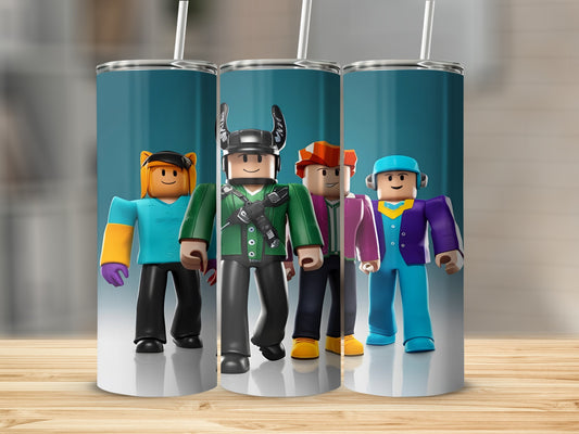 Roblox characters with colorful outfits on a wooden surface.