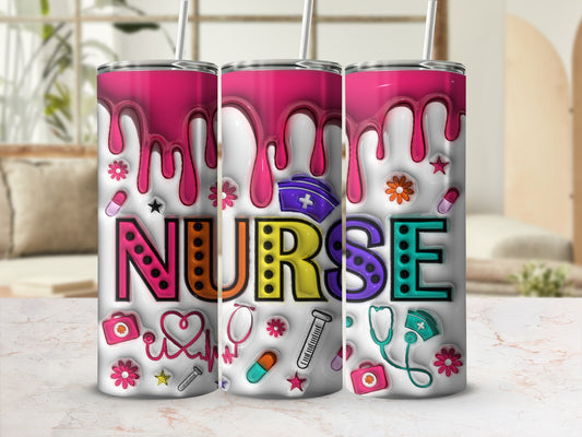 Pink drip tumbler with "NURSE" text and medical icons.