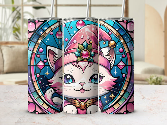 Stained glass-style tumbler with a cute pink cat wearing a hat.
