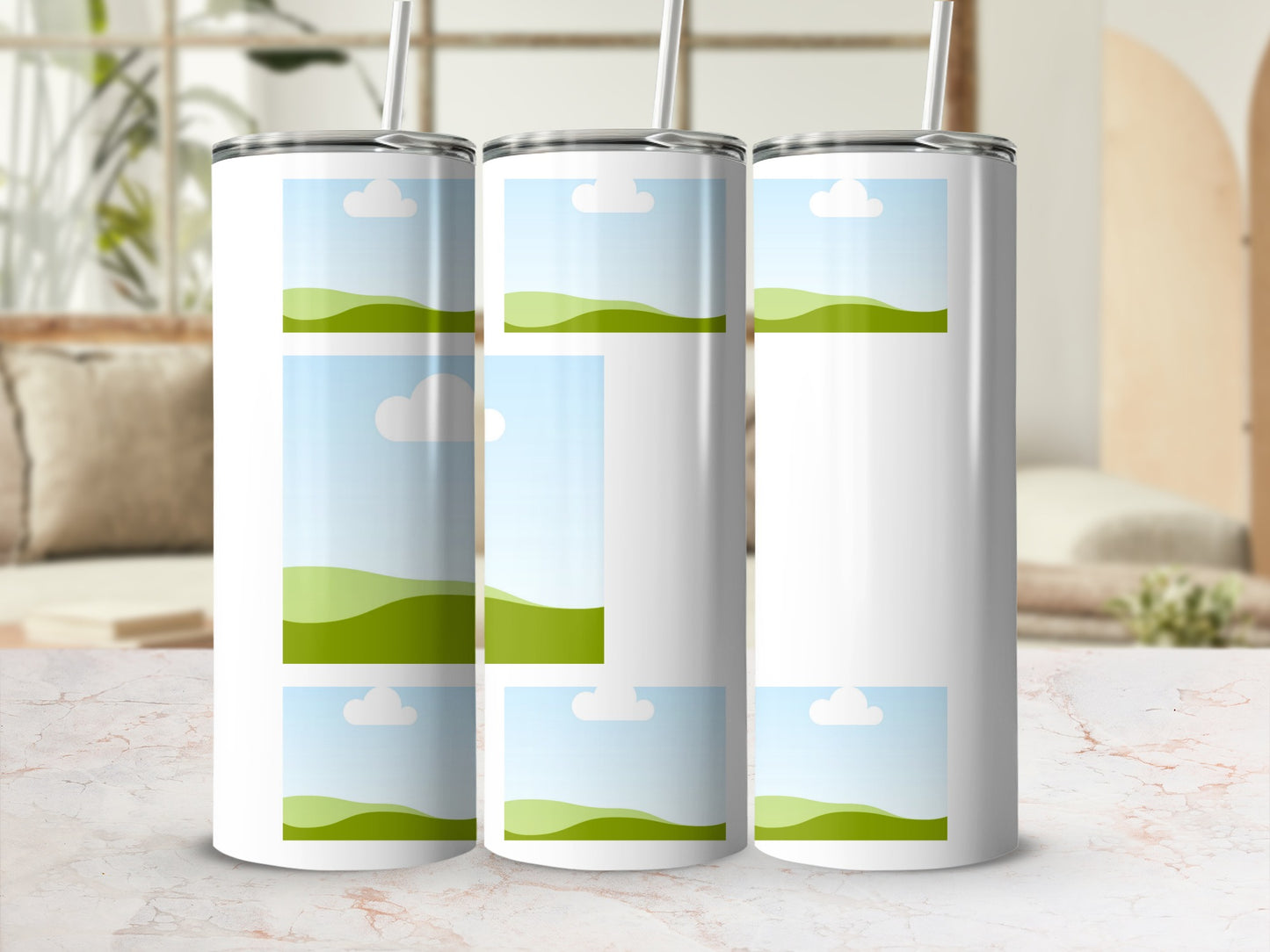 Three tumblers with digital landscape previews and straws.