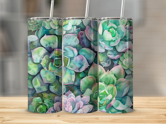 Three tumblers with watercolor succulent designs on a wooden surface.