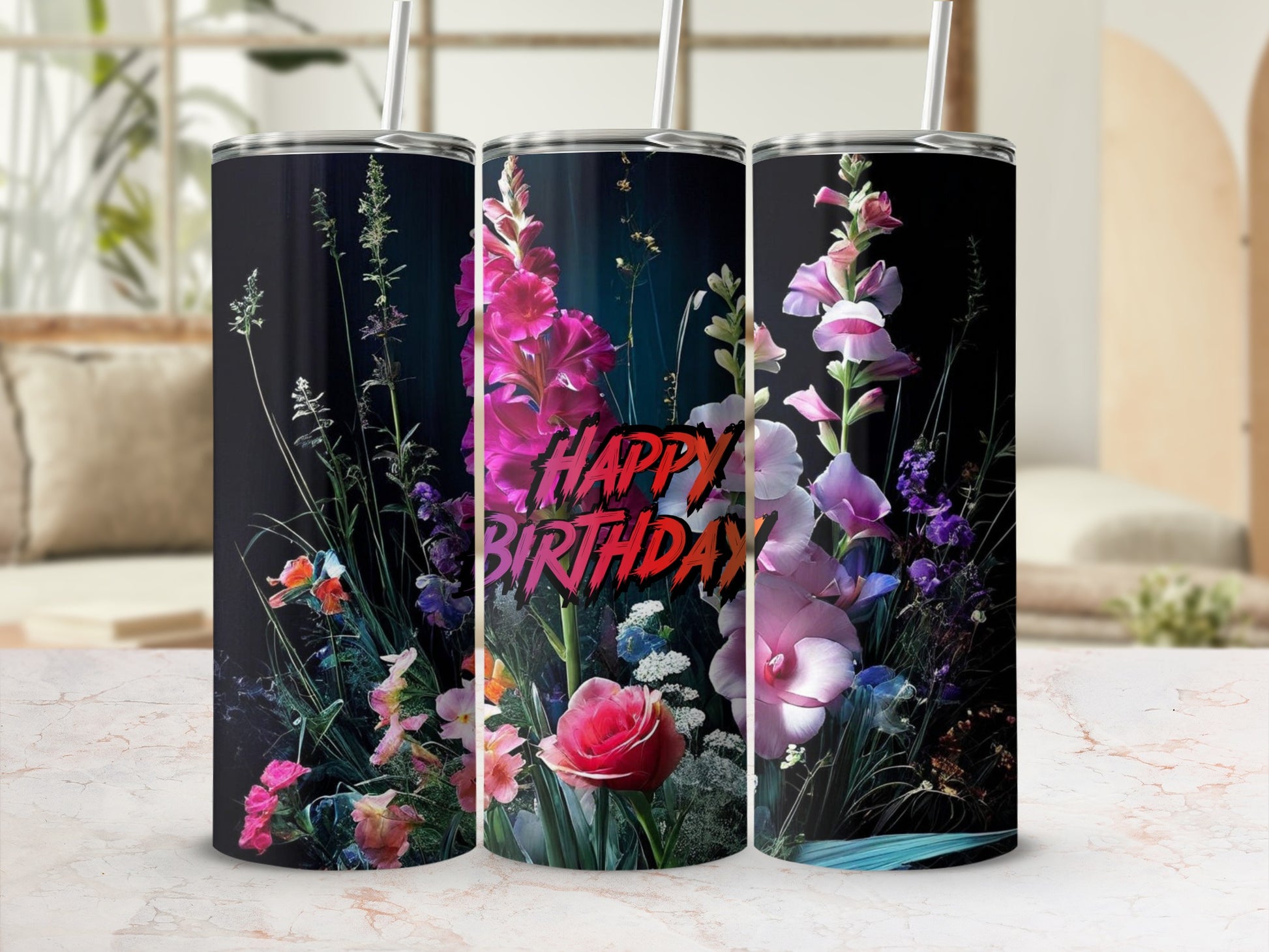 Floral tumbler with "Happy Birthday" text against a dark background.