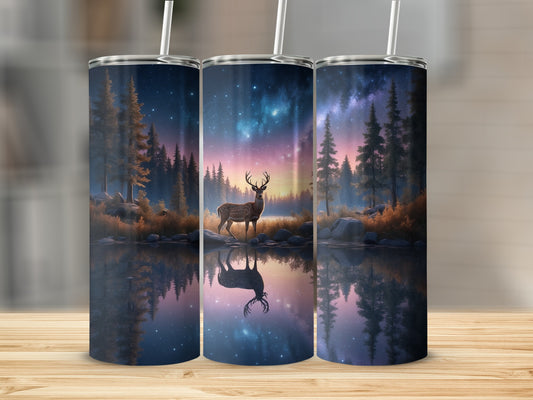 Three tumblers with a deer and starry night landscape reflection.