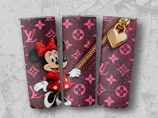 Minnie Mouse peeking from behind a LV monogrammed tumbler with gold heart zipper pull.