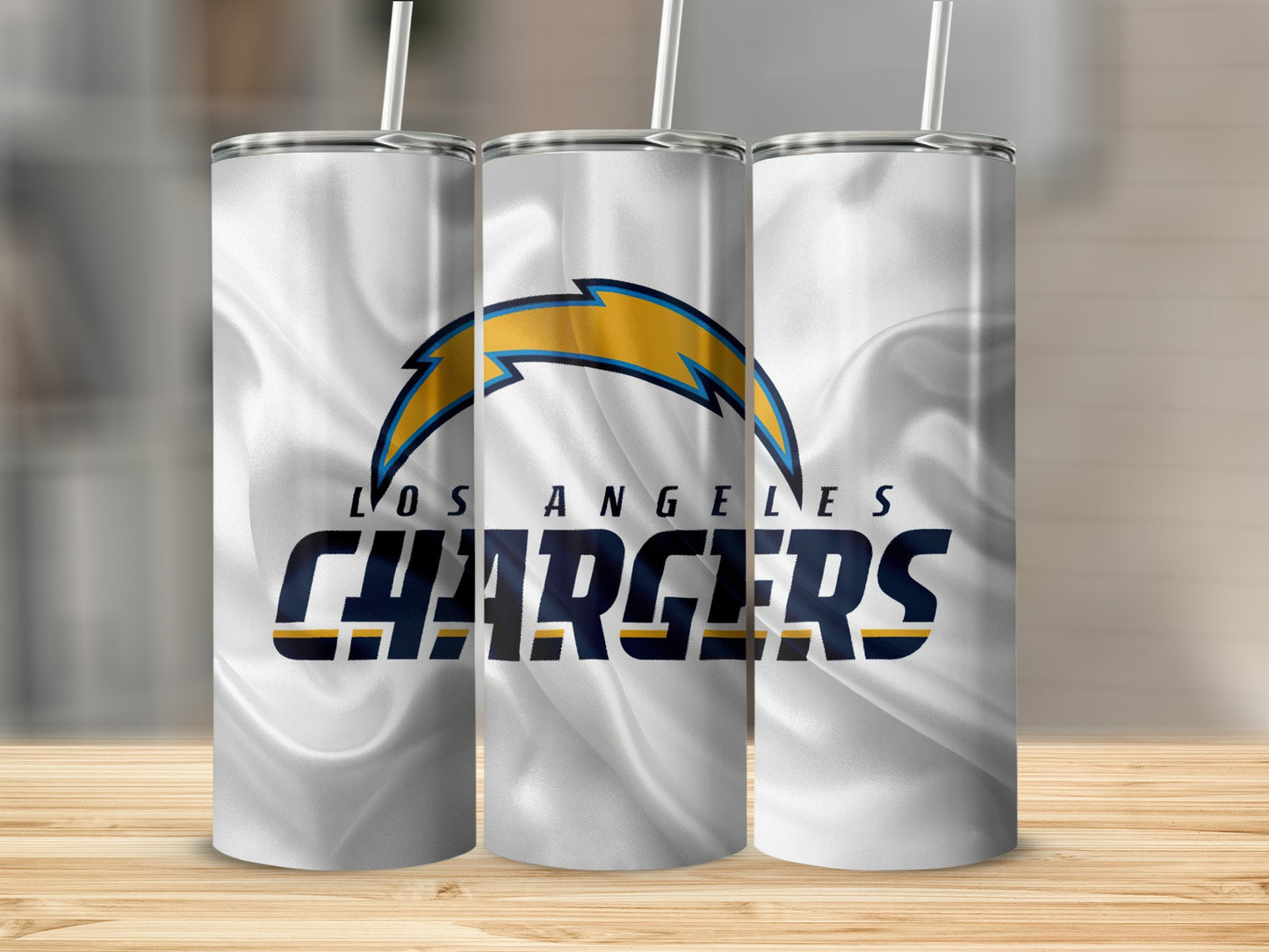 Los Angeles Chargers logo on a white satin textured skinny tumbler.
