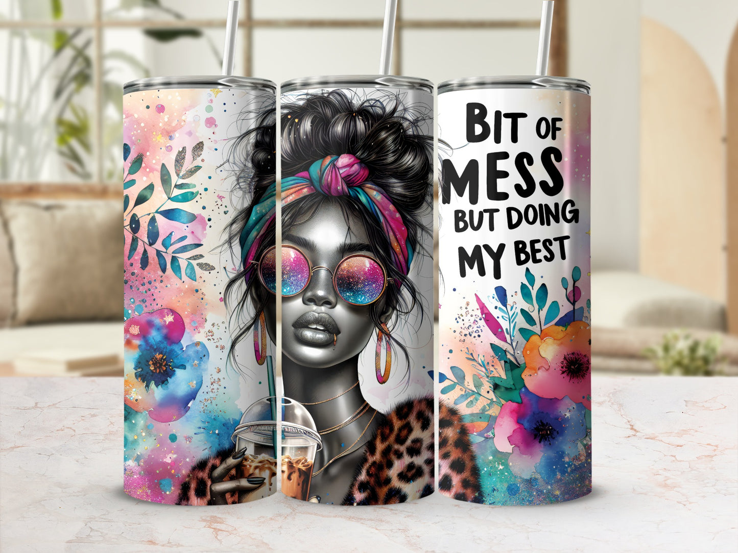 Woman with colorful art, leopard print, and text "Bit of Mess But Doing My Best".