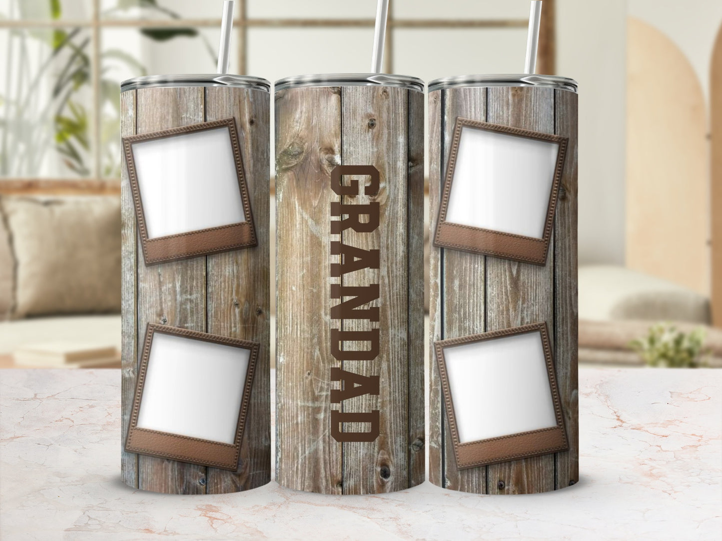 Wood grain tumbler with "GRANDAD" text and four photo frame placeholders.