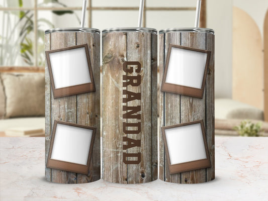 Wood grain tumbler with "GRANDAD" text and four photo frame placeholders.