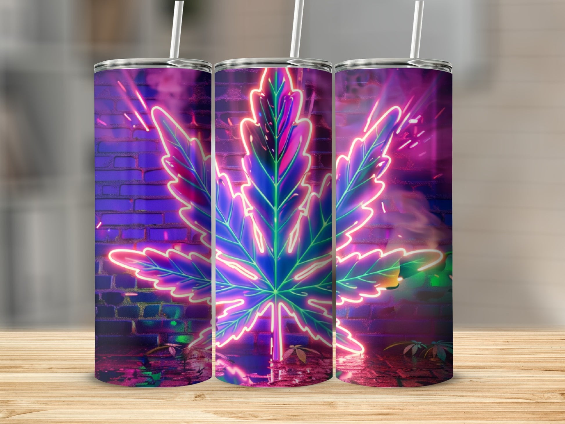 Neon cannabis leaf glows against a brick wall with smoke.