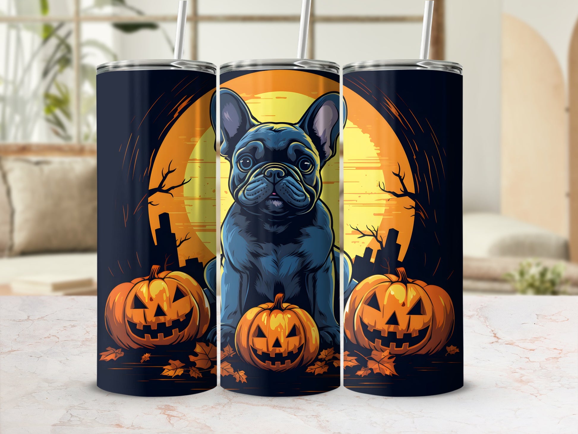 French bulldog with pumpkins and moon Halloween design on a tumbler.
