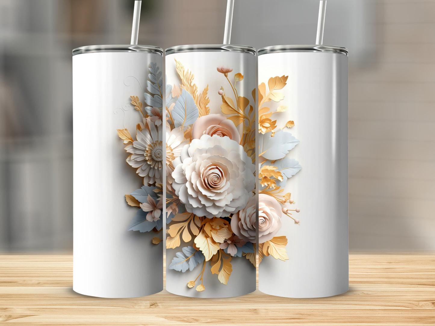 Elegant Floral Design Insulated Tumbler with Straw Cup