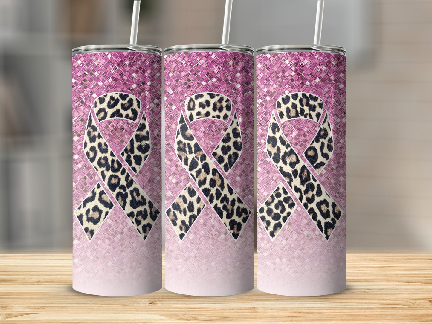 Pink textured tumbler with leopard print awareness ribbon design.