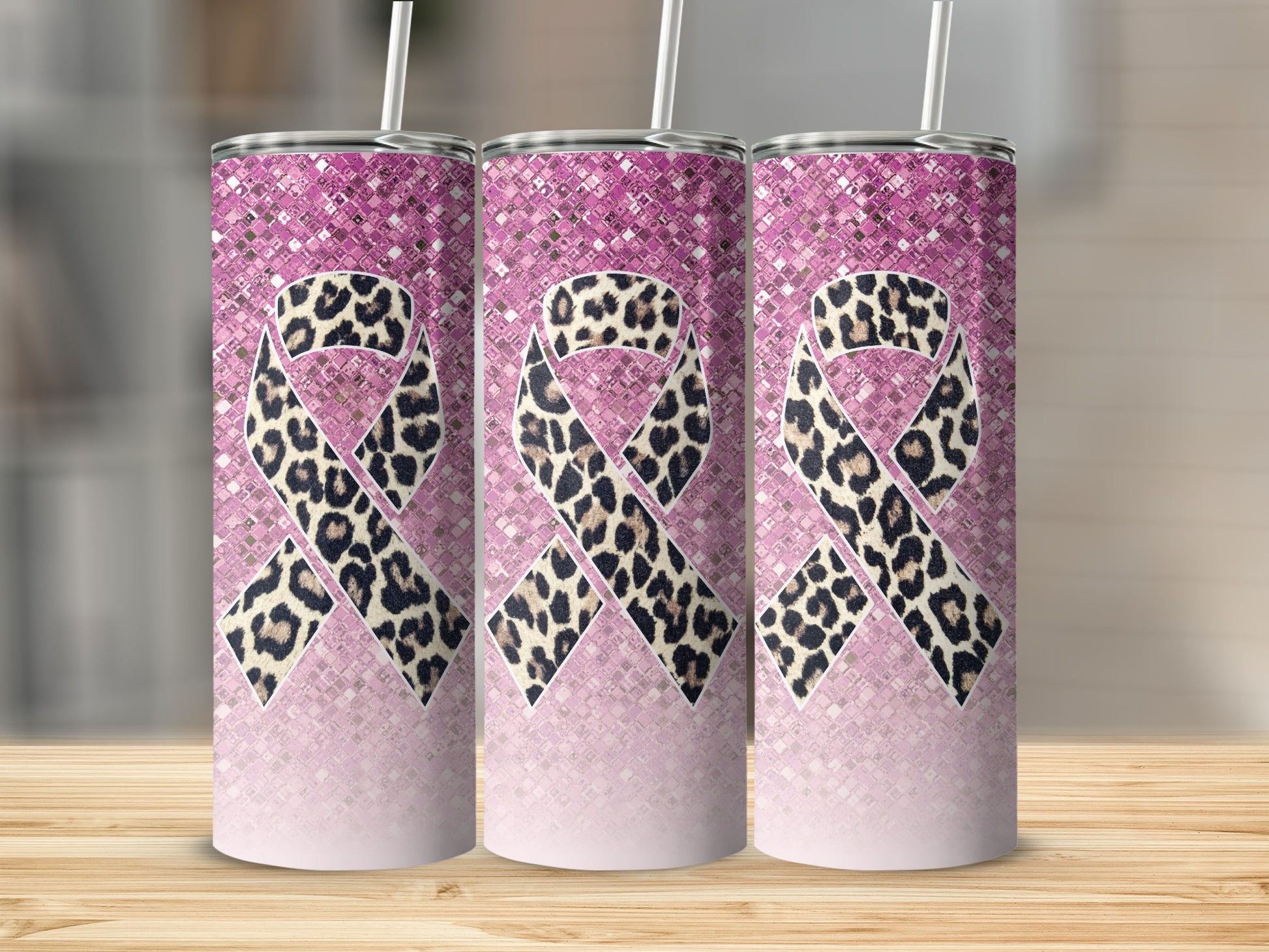 Pink textured tumbler with leopard print awareness ribbon design.