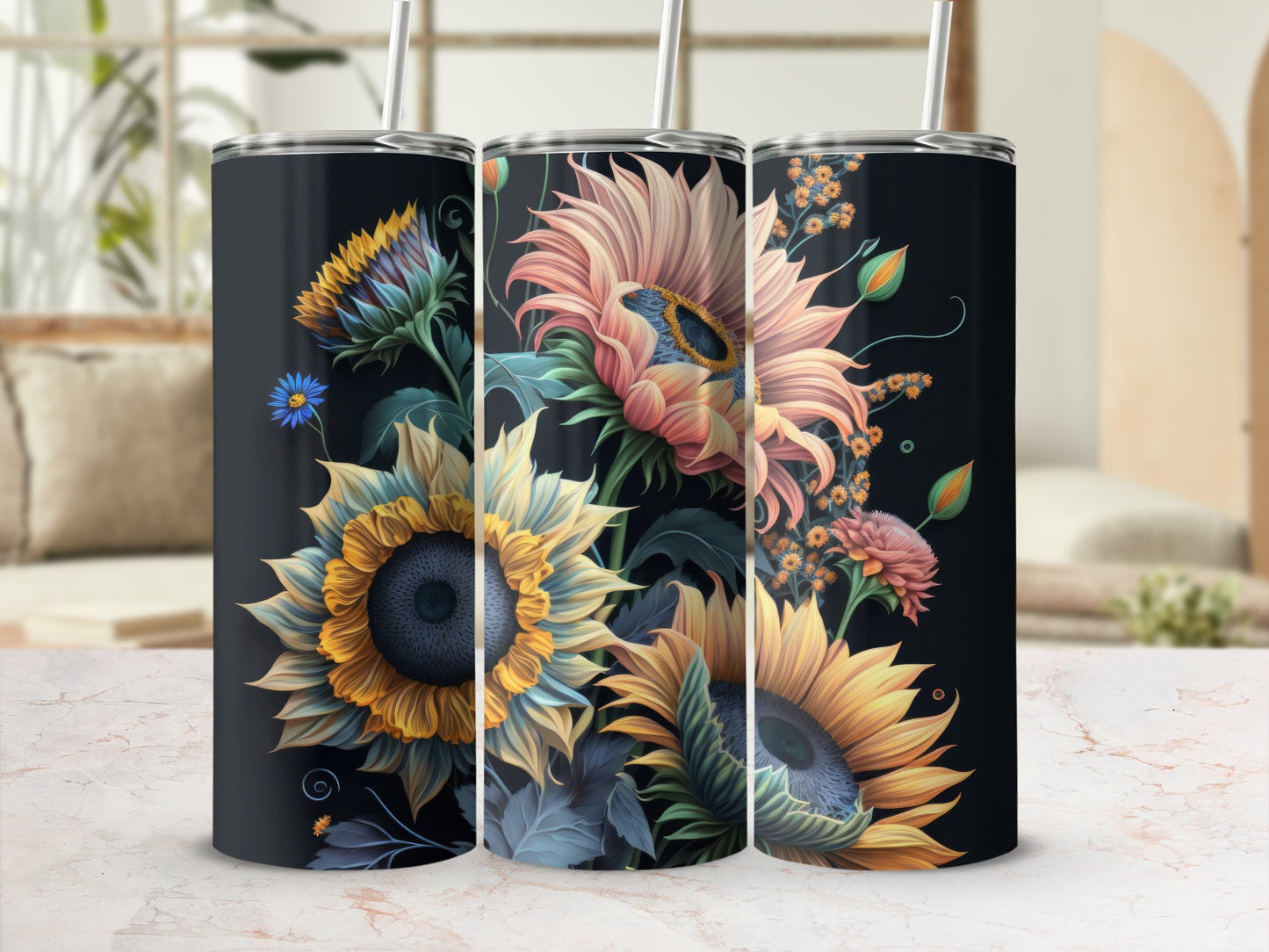 Sunflower Art Tumblers with Colorful Floral Designs